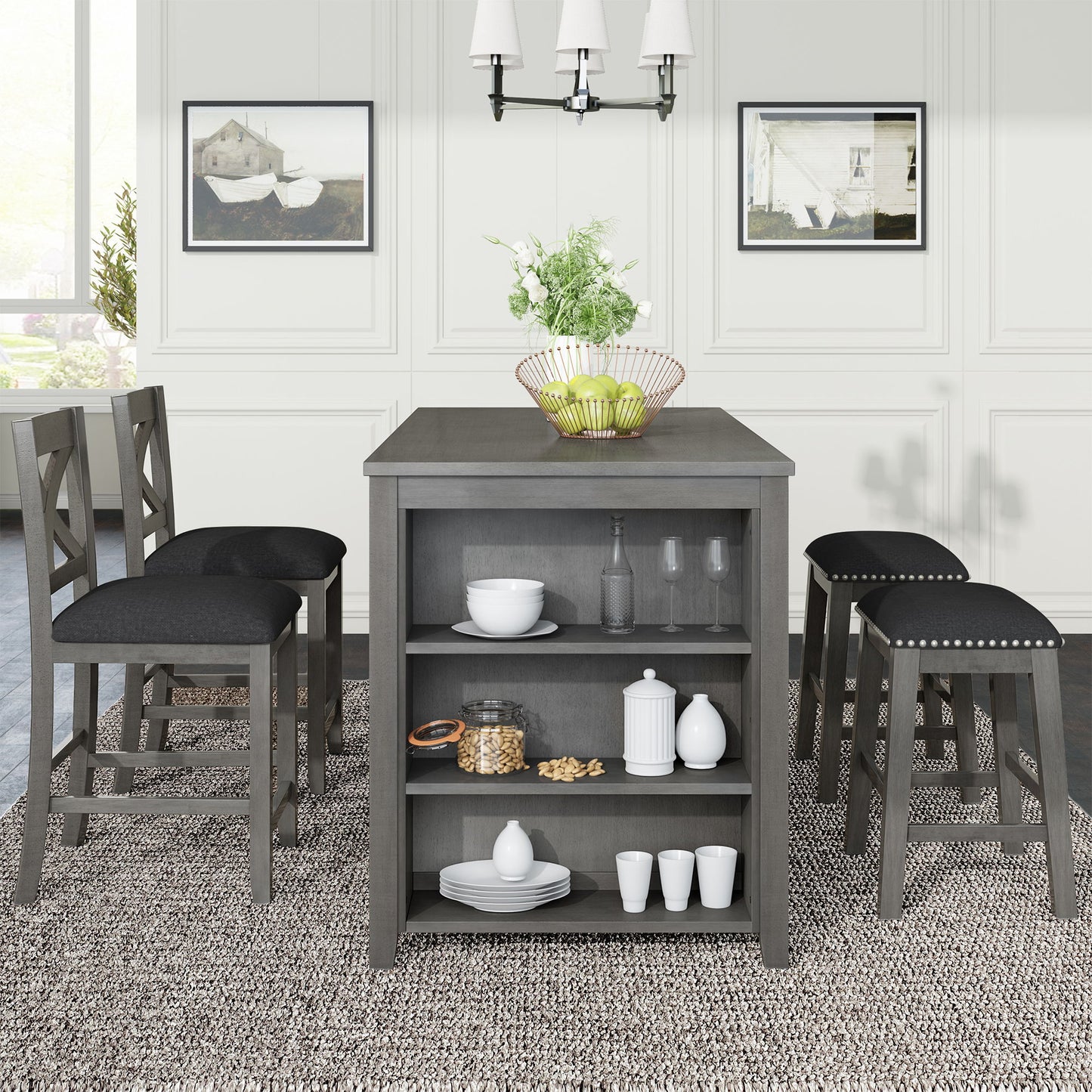 5 Pieces Counter Height Rustic Farmhouse Dining Room Wooden Bar Table Set With 2 Stools And 2 Chairs
