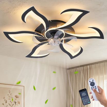 Flower Ceiling Fan With LED Dimmable Light, Flush Mount Ceiling Fan With Remote Control, Low Profile Design, 6 Speeds, Timing Function