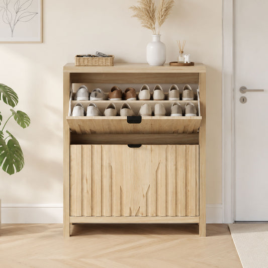 Entryway Shoe Cabinet With Vertical Carved Panels - Oak