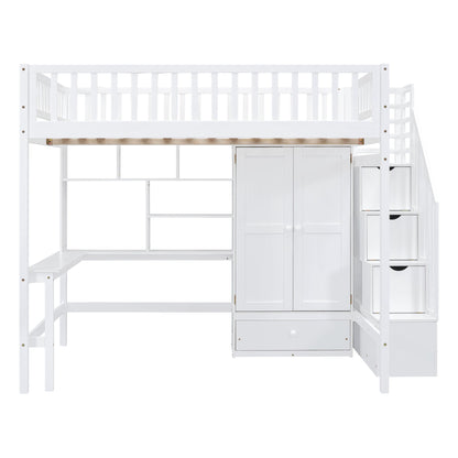 Loft Bed With Bookshelf, Drawers, Desk, And Wardrobe