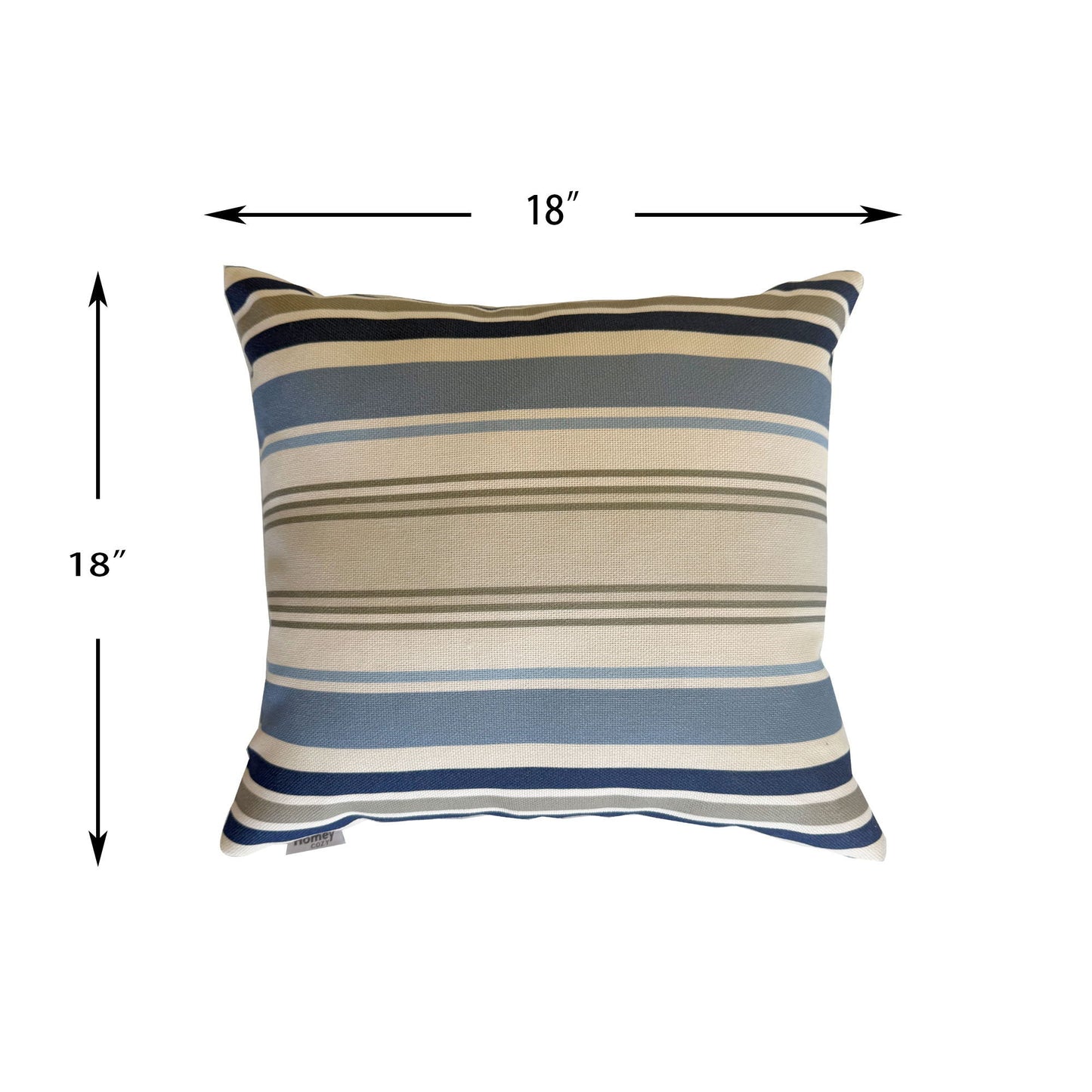 Striped pillow with dimensions on a white background