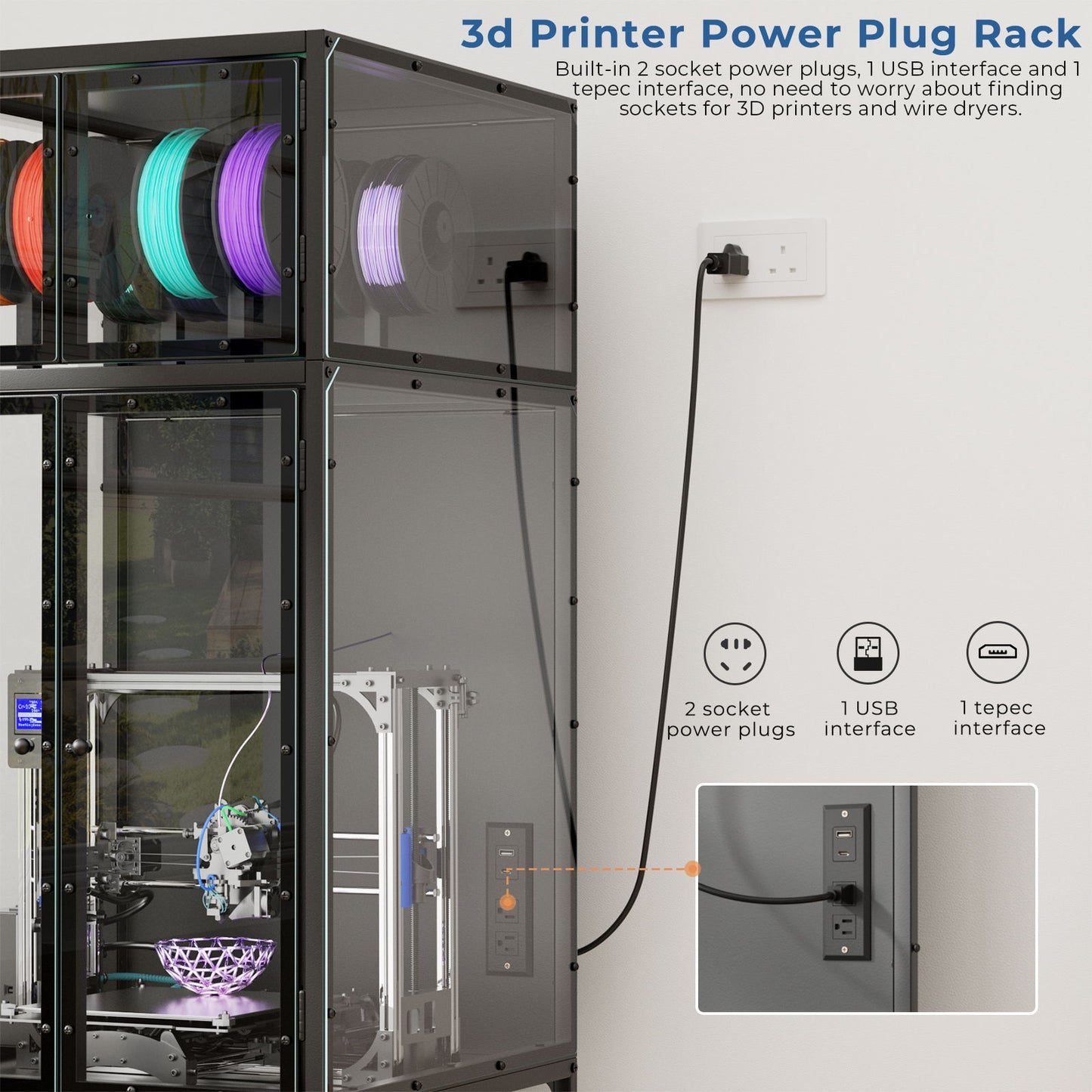 3D Printer Cabinet With Double Layer Filament Storage, T-Shaped Filament Bar, Noise Reducing And Dust Proof Design - Black