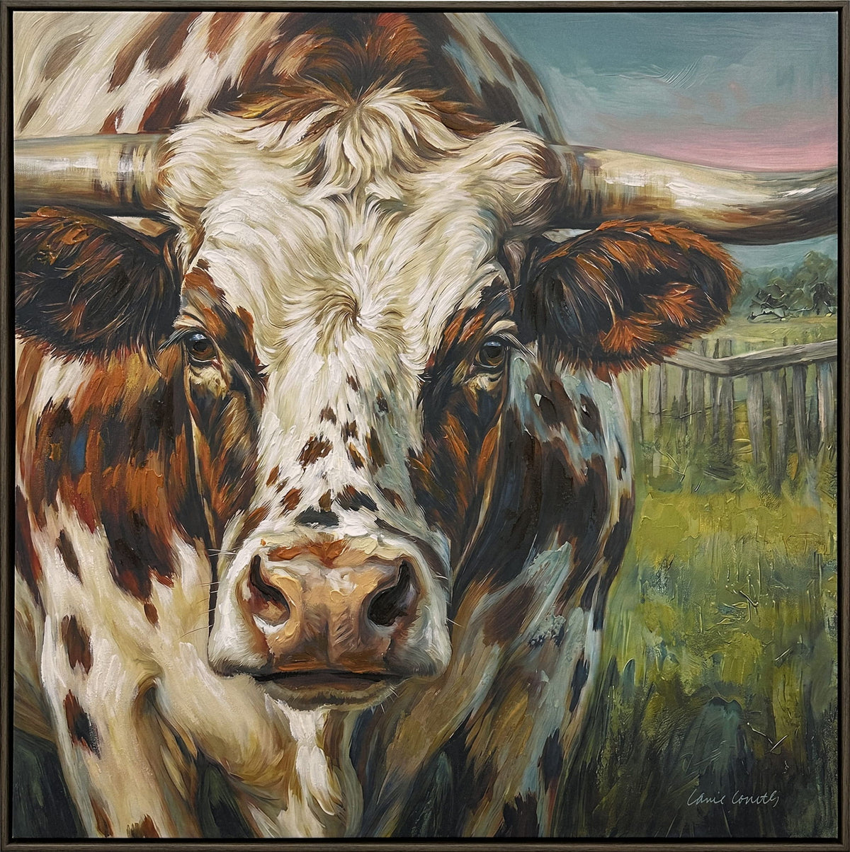 Pasture Witness - 34 X 34 - Hand-Embellished Canvas In Frame - Rust Brown