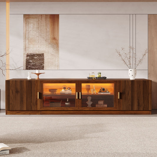 TV Stand, Media Console With Glass Doors And LED Lights, Adjustable Shelf Storage - Walnut