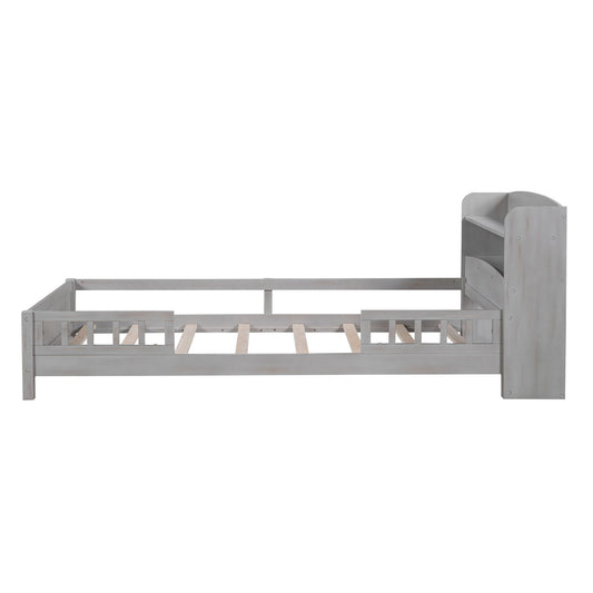 Wood Platform Bed With Built In LED Light, Storage Headboard And Guardrail