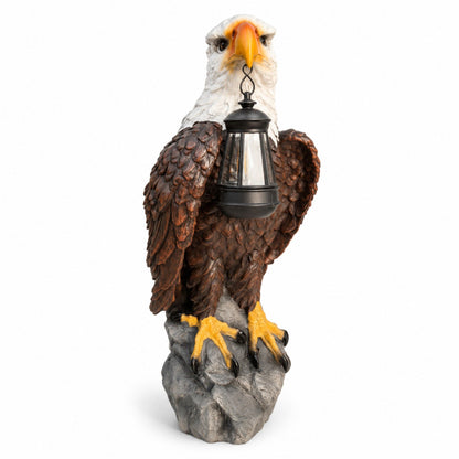 Solar Powered Bald Eagle Statue With Lantern, Outdoor Garden Decor - Black Brown