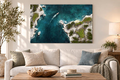 Quiet Water Passage - 48 X 32 - Hand-Painted Wrapped Canvas With Faux Moss - Teal