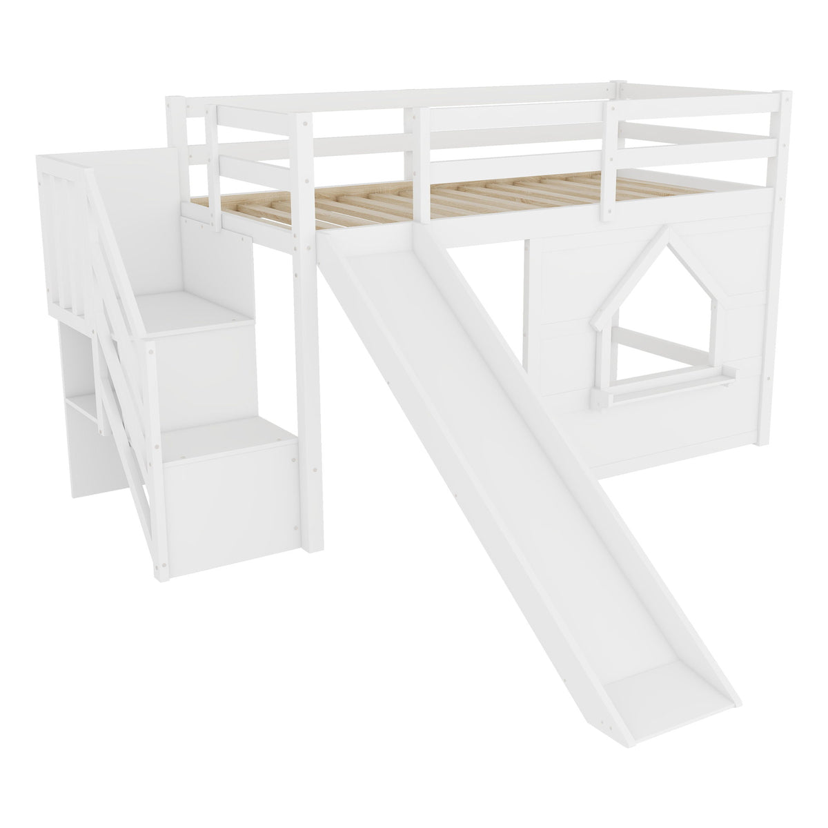 Loft Bed With Storage Stairs, Slide, Playhouse Window And 7 Colors LED Lights