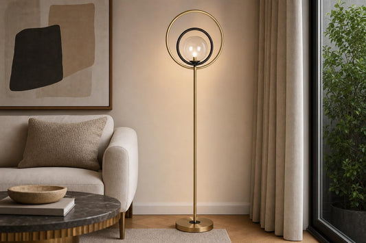 "Eclipse Aura" Metal Floor Lamp - Matte Black / Soft Gold / Clear
