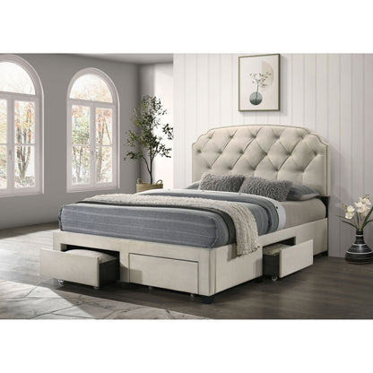 4 Drawer Upholstered Queen Storage Bed With Button Tufting And Nailhead Trim - Cream