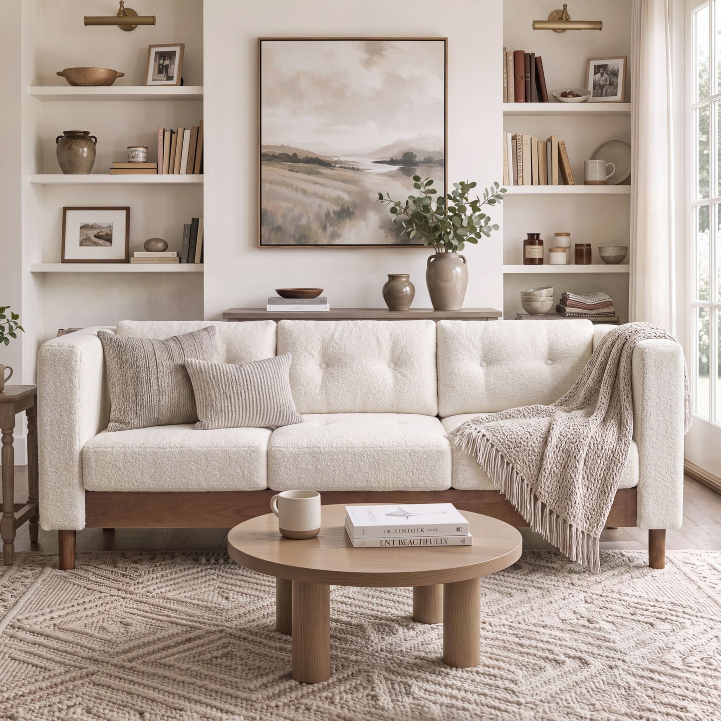 3 Seater Sofa With Square Arms, Tufted Pillow Back For Living Room