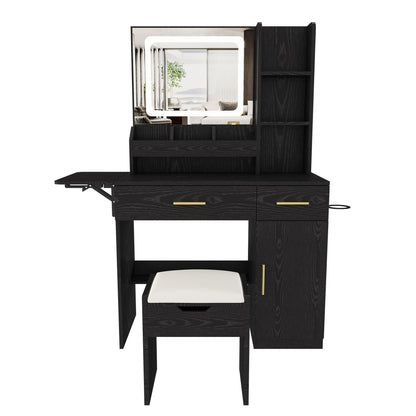 Vanity Desk With LED Mirror Lights And Charging Outlet