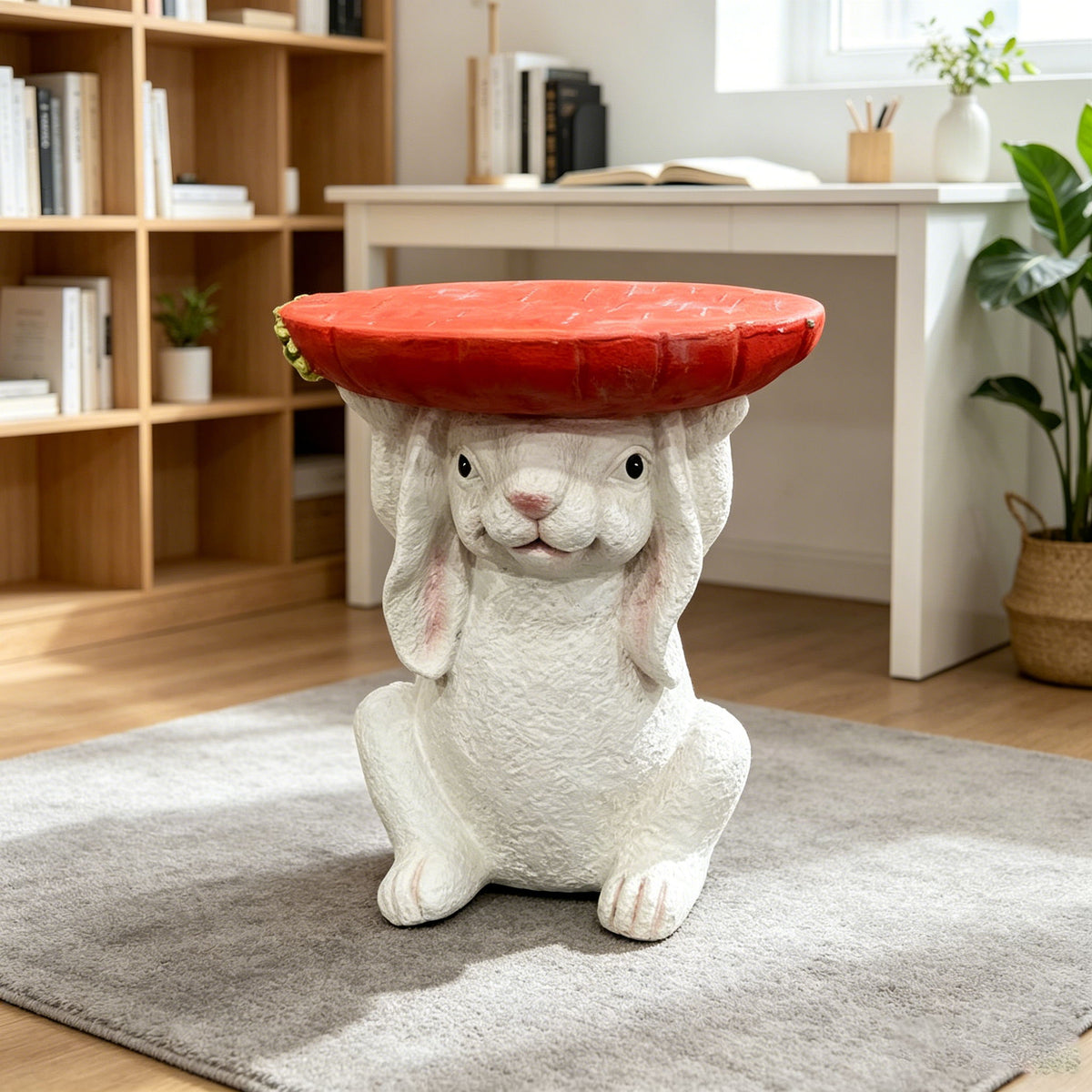 13.39" H X 11.61" W Bunny Side Table With Carrot Top, Cute Rabbit Plant Stand For Indoor & Outdoor Garden Decor
