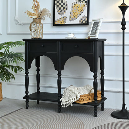 Accent Carved Console Table With Open Shelf And 2 Drawers For Living Room - Black