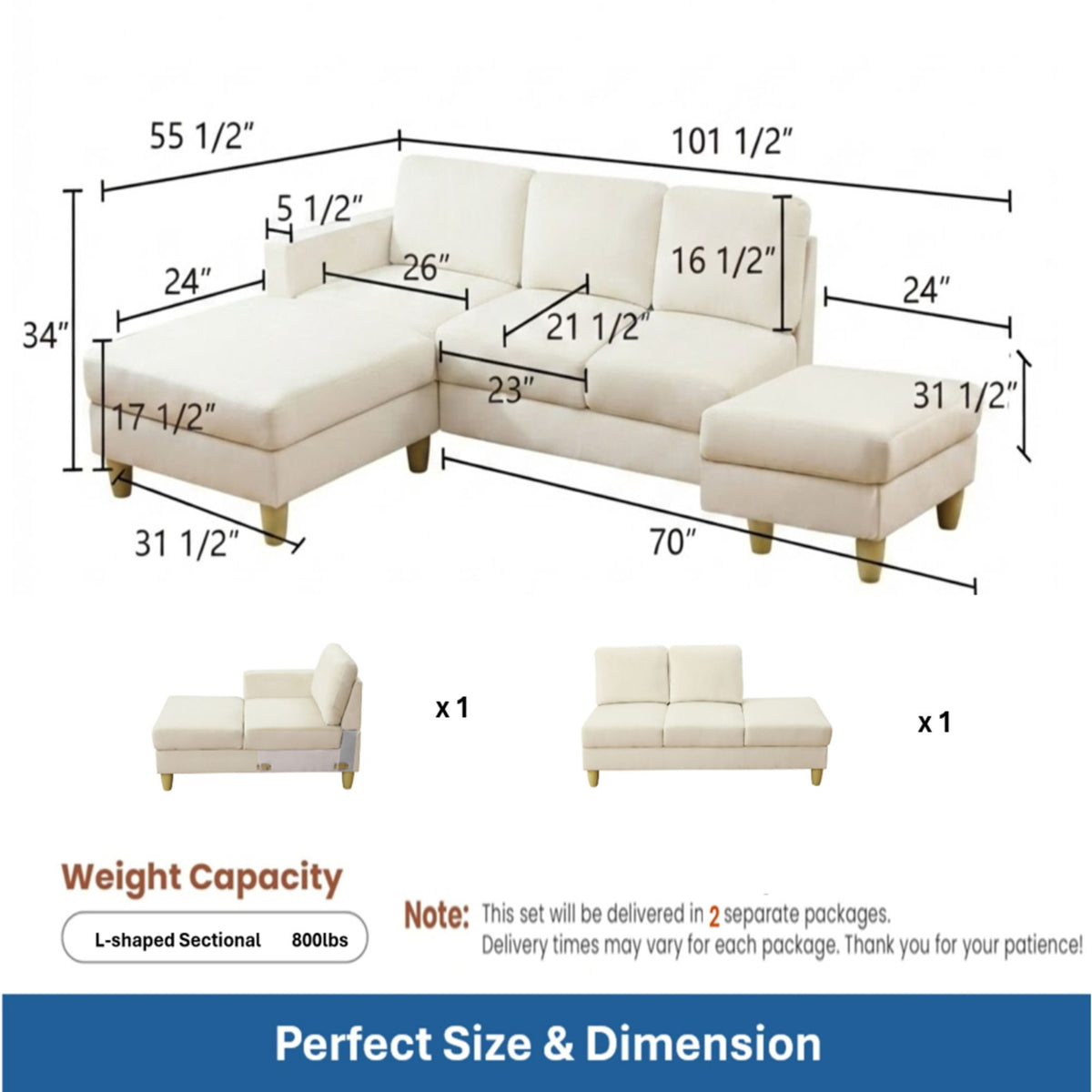 L - Shaped Sectional Sofa With Chaise & Ottoman