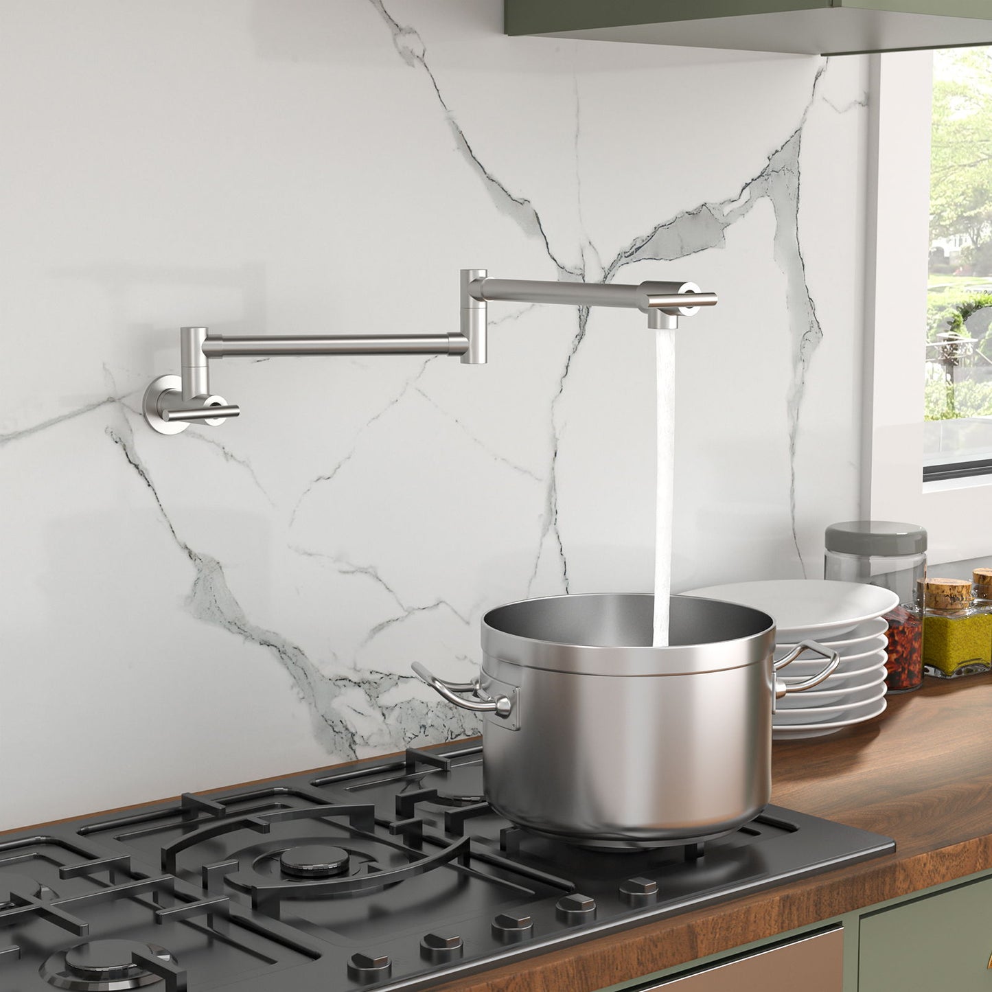Wall Mount Pot Filler Faucet Folding Stretchable Kitchen Sink Faucet With 2 Handles - Brushed Nickel