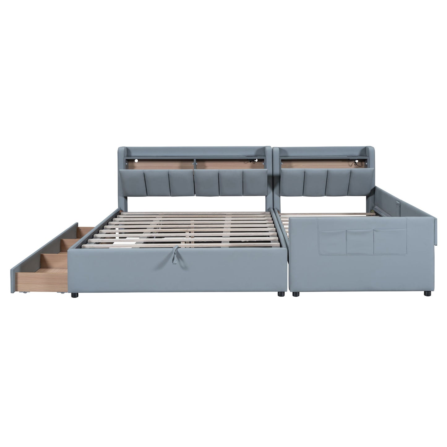 Upholstered Mother & Child Bed With Hydraulic Storage System, Drawer Box, Bedhead Storage Shelf And 2 Pairs Of Sockets & USB Ports