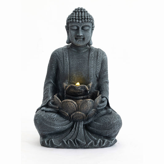 Zen - 2 Tier Meditating Buddha Water Fountain With Pump & LED Light - Gray
