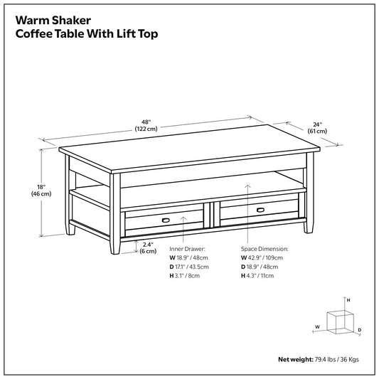Warm Shaker - Lift Top Coffee Table With Hidden Storage And Lift Top Functionality - Brown