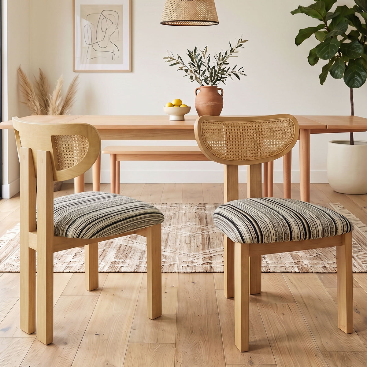 Striped Upholstered Rattan Back Dining Chairs (Set of 2)