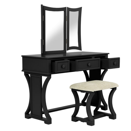Bedroom Vanity Set With Foldable Mirror And Stool - Black
