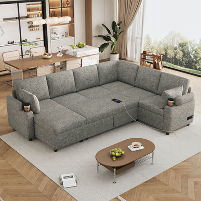 U-Shaped Sectional Sleeper Sofa With Ample Storage Space, 2 Cup Holders And Charging Ports For Living Room