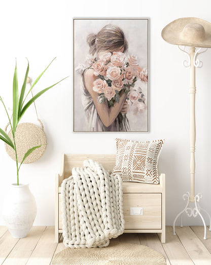 Roses Embrace Hand-Embellished Canvas In Frame - Blush / Ivory