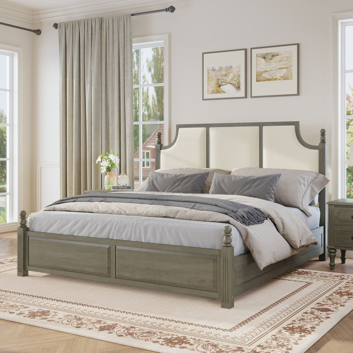Farmhouse Platform Bed Frame & Tall Upholstered Headboard