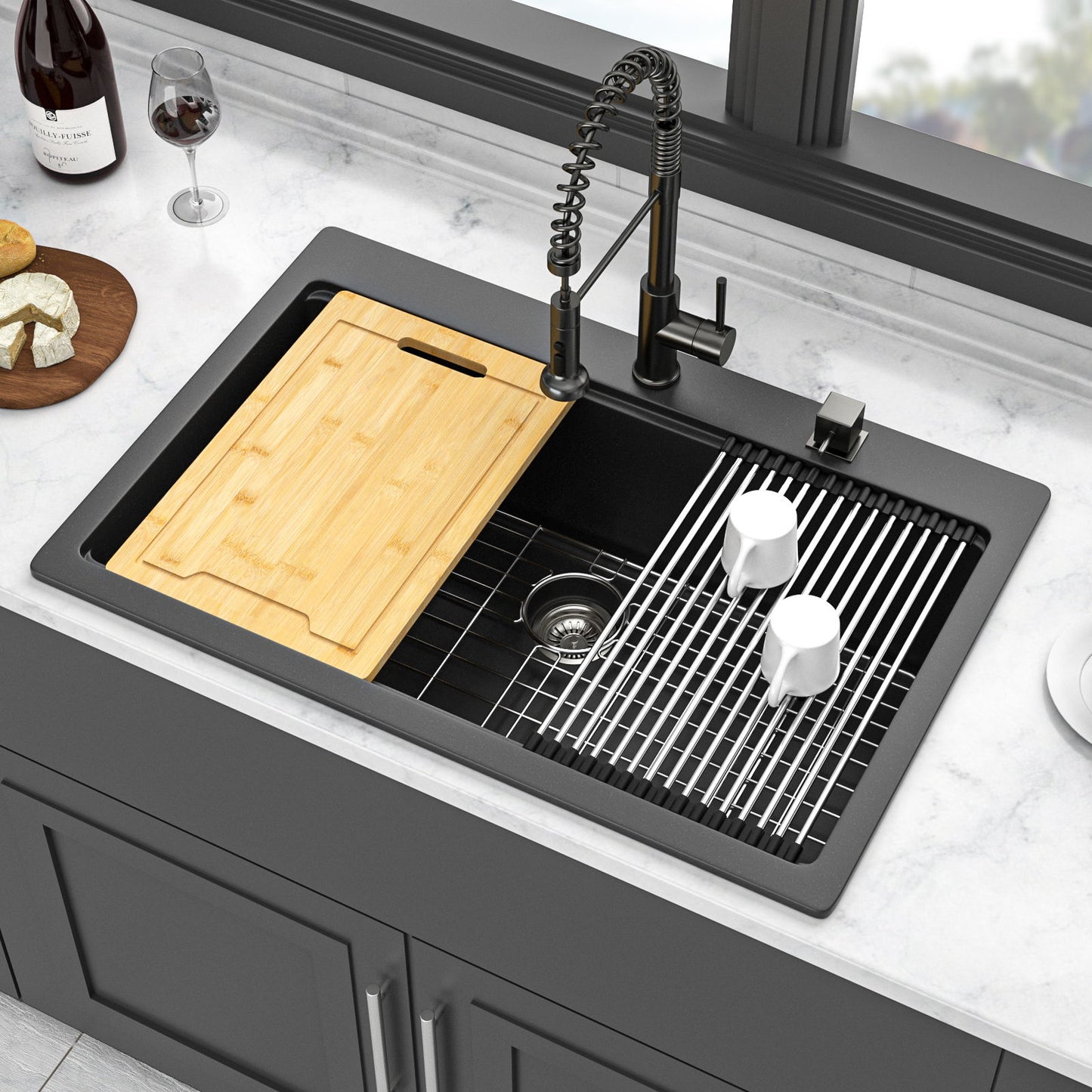 Granite Composite Quartz Kitchen Sink With Workstation Features And Drop In Design