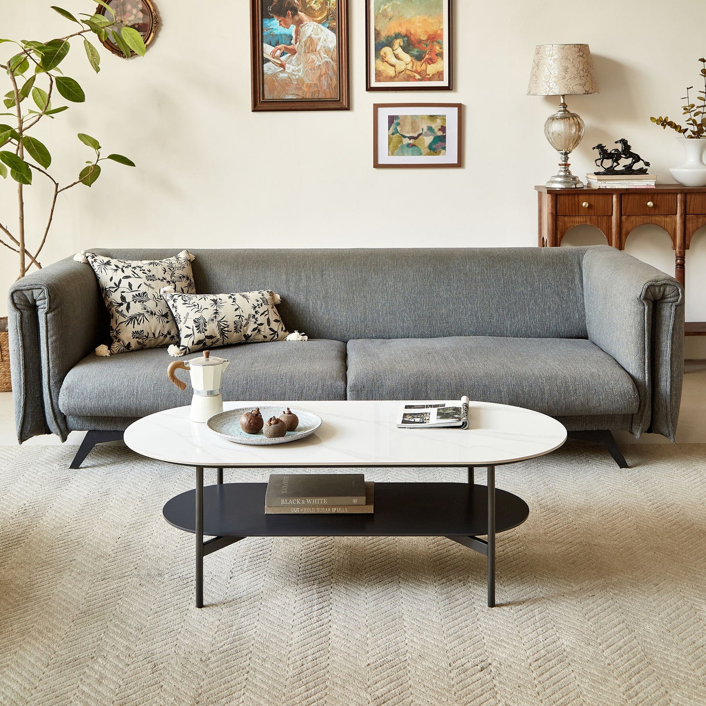 Contemporary Coffee Table Sintered Stone Surface With Ceramic Finish Double Layer Design Base Matte Shelf Modern Living Room Center Table - White / Gray
