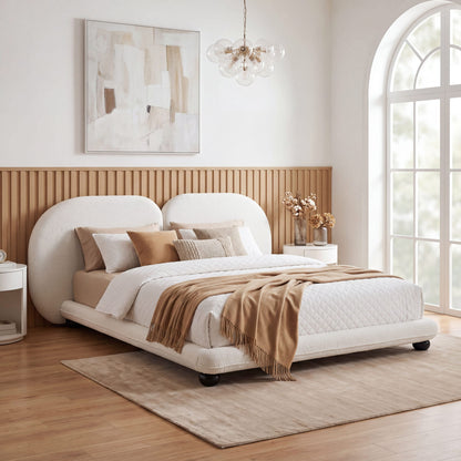 King Size Upholstered Platform Bed With Split Headboard - White