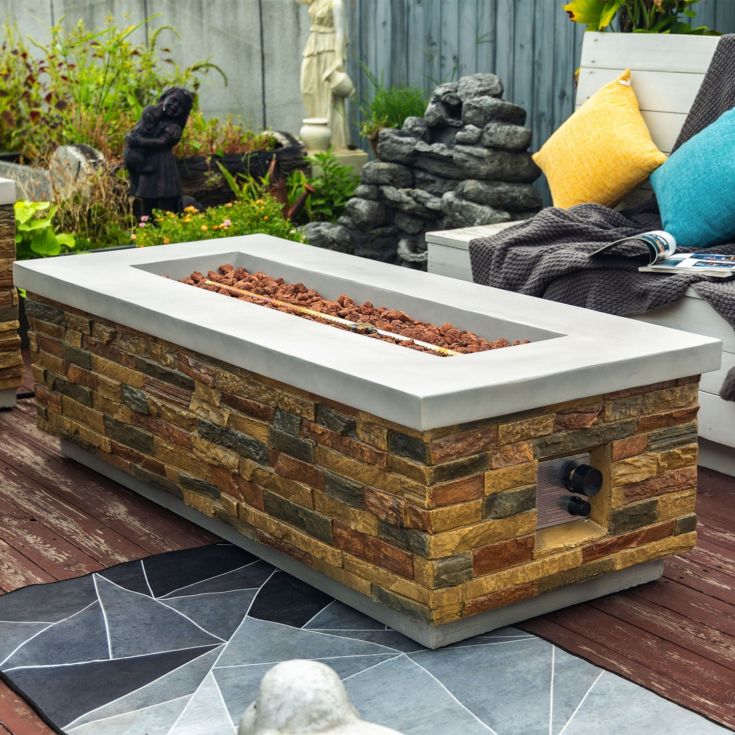 60" Propane Gas Fire Pit Table, 60000 Btu Rectangular Concrete Fire Pit For Outside Patio Deck Garden Backyard - Sandstone