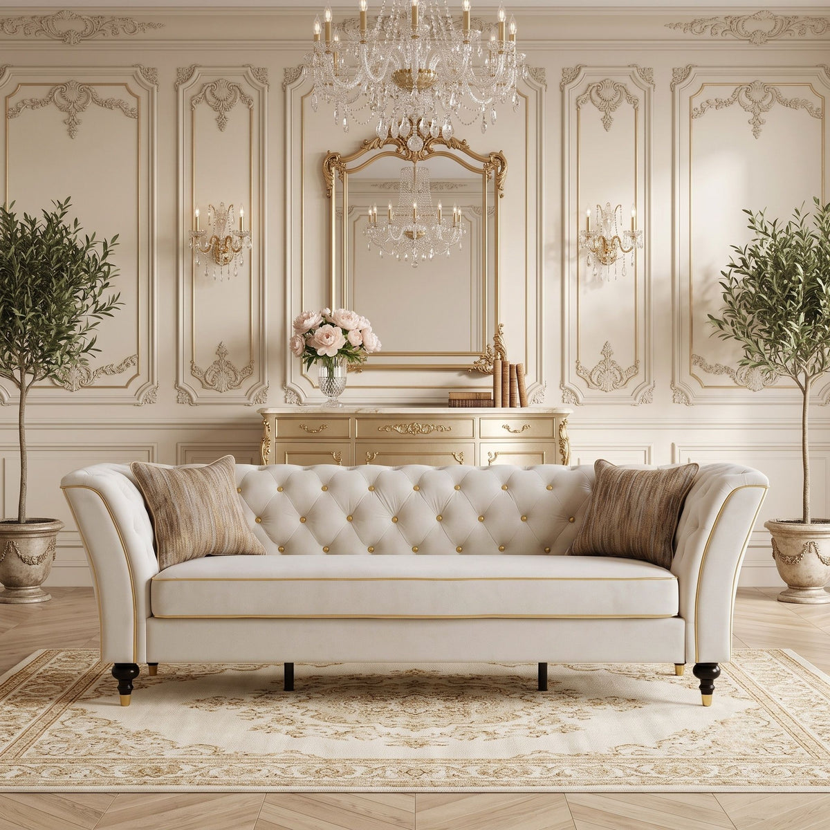 3 Person Sofa With Deep Seat, Tufted Backrest