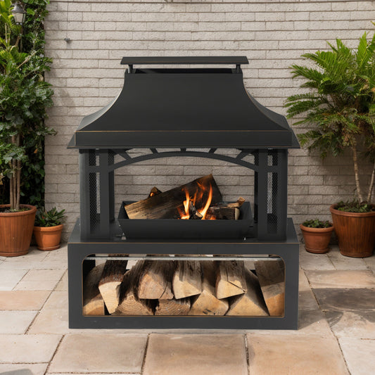 Fireplace, 50000 Btu Fire Pit, Wood Burning Chimney For Outside - Black
