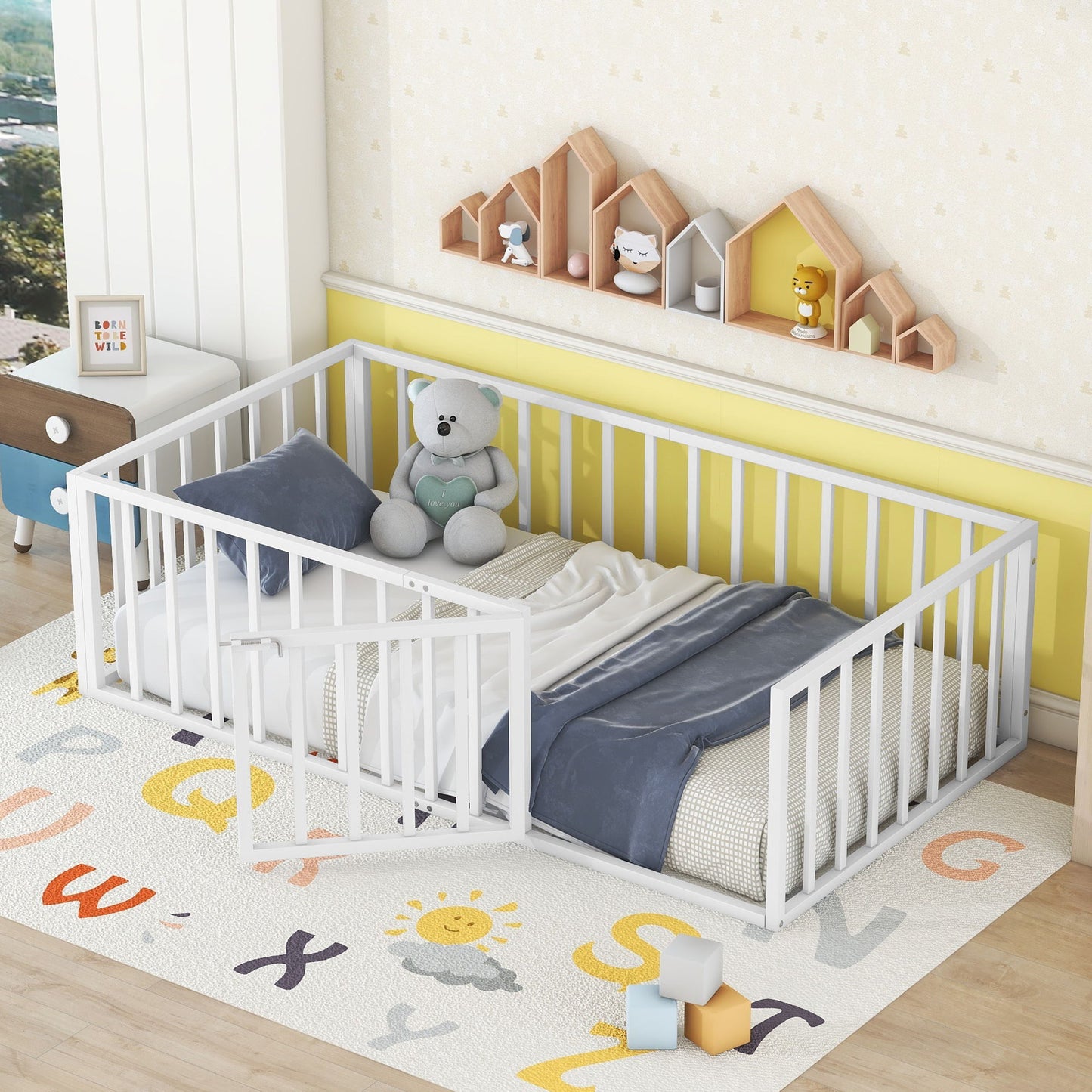 Metal Floor Bed Frame With Fence And Door