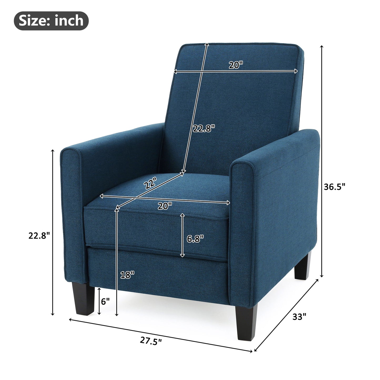 Blue armchair with dimensions marked on a white background