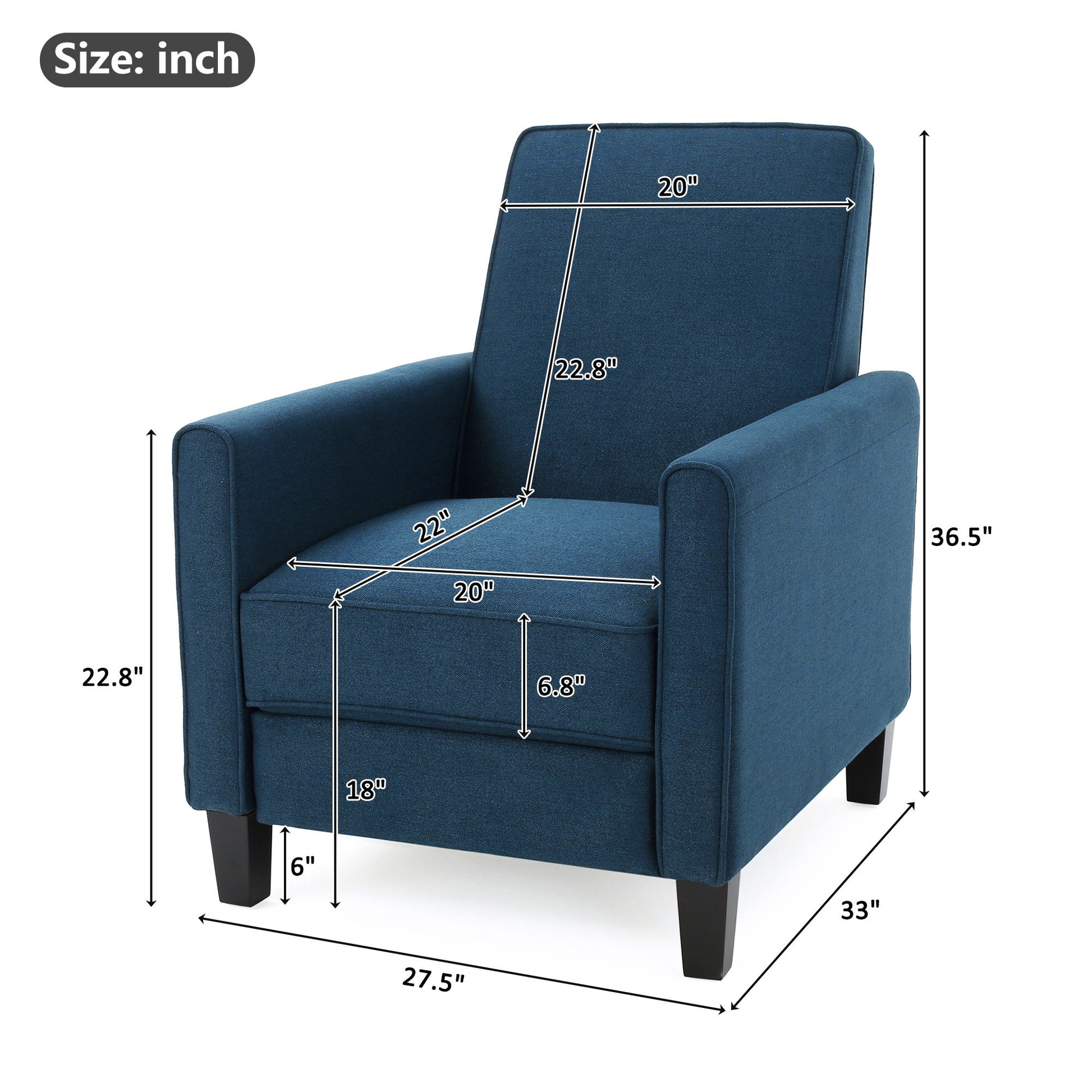 Blue armchair with dimensions marked on a white background