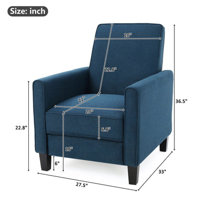 Blue armchair with dimensions marked on a white background