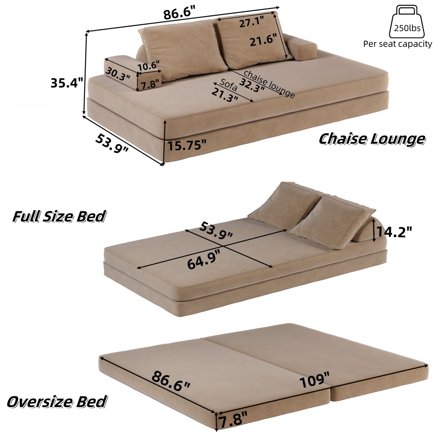 Multifunctional Convertible Sofa Bed With 2 Tumbler Backrests And 2 Pillows, Deep Seat Couch