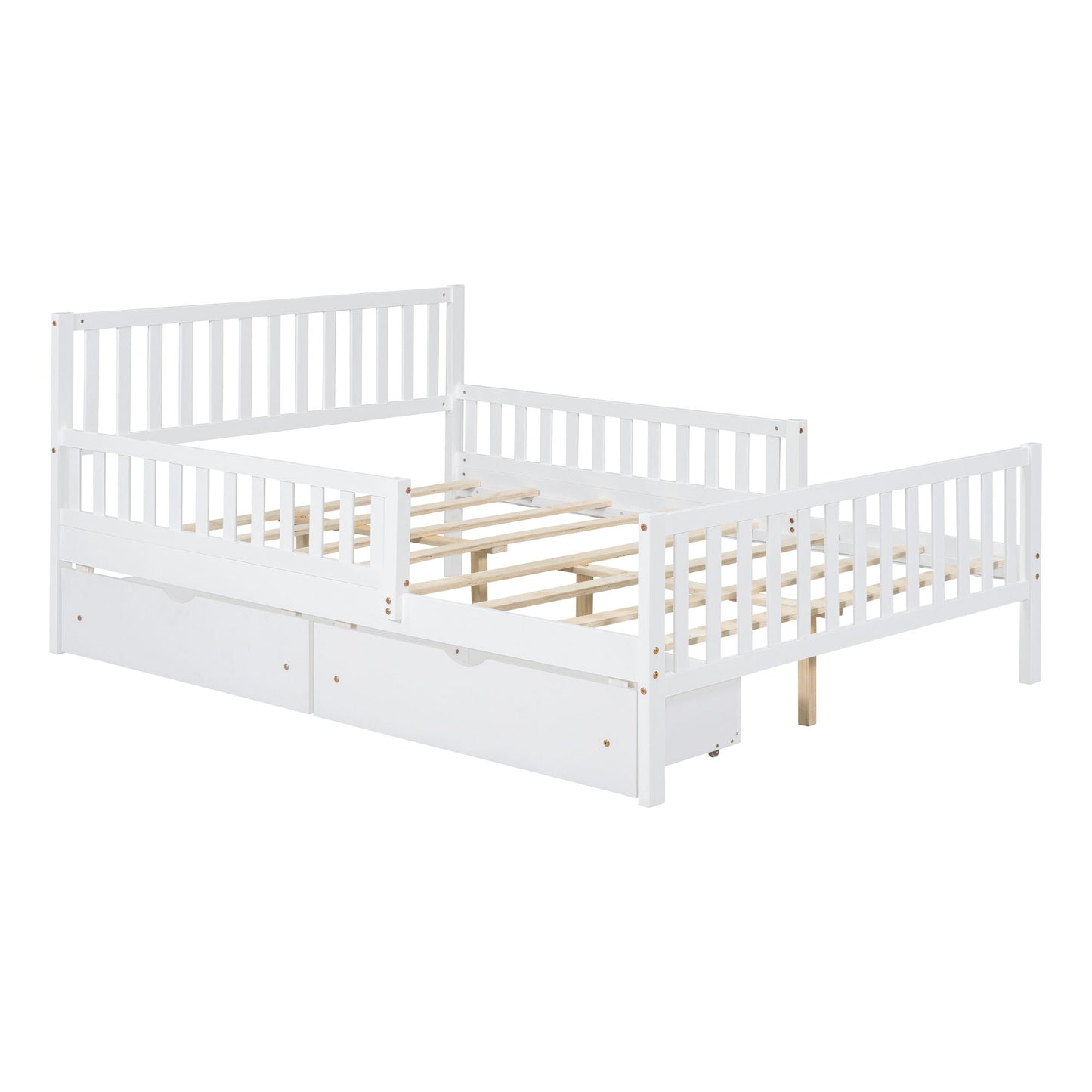 Platform Bed With Guardrails On Both Sides And 2 Storage Drawers