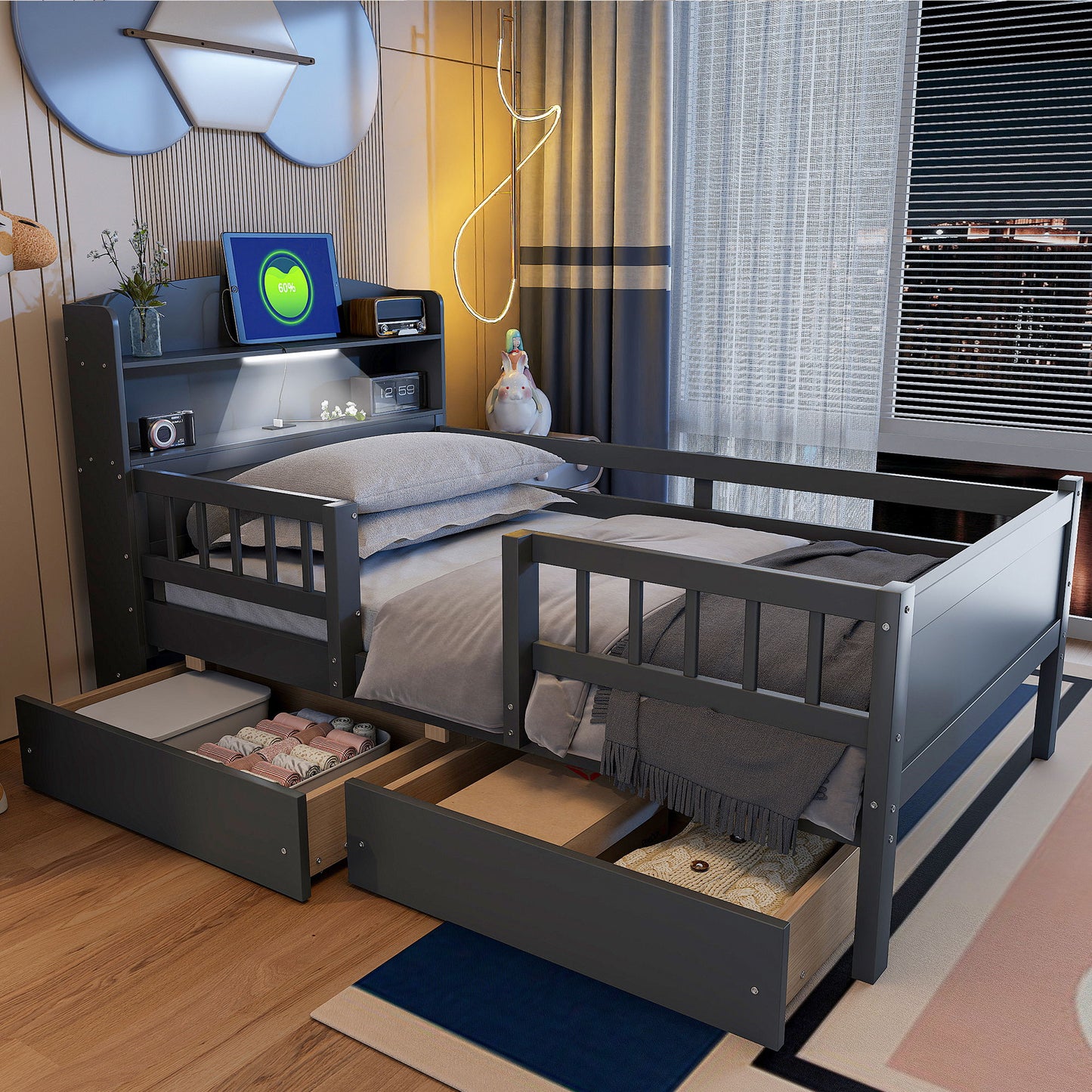 Platform Bed With LED Light, Multi Functional Headboard, Guardrail And 2 Drawers
