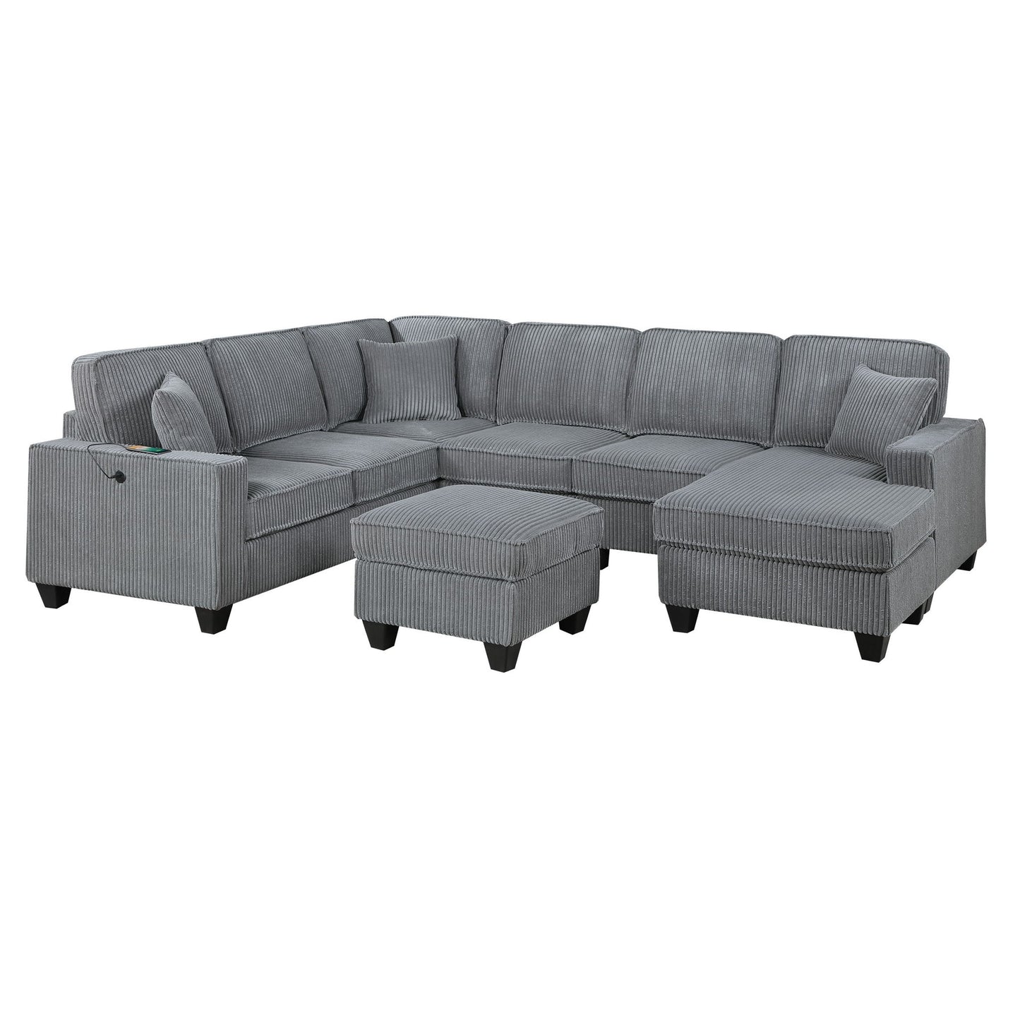 Left Arm Facing Loveseat With USB Port And Storage Sectional Set With Corner Wedge Armless Chair And Cocktail Ottoman - Fog