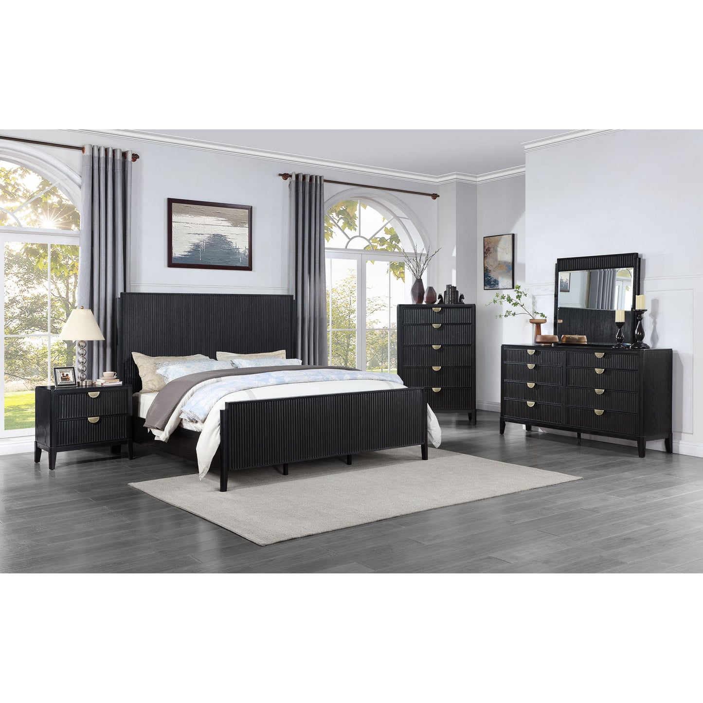 California King 5 Piece Bedroom Set With Fluted Detailing - Black