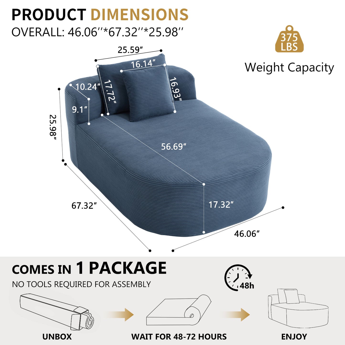 Oversized Corduroy Chaise Lounge Sofa Bed With Deep Seat And Soft Pillows, Wide Seat, No Assembly Required - Blue