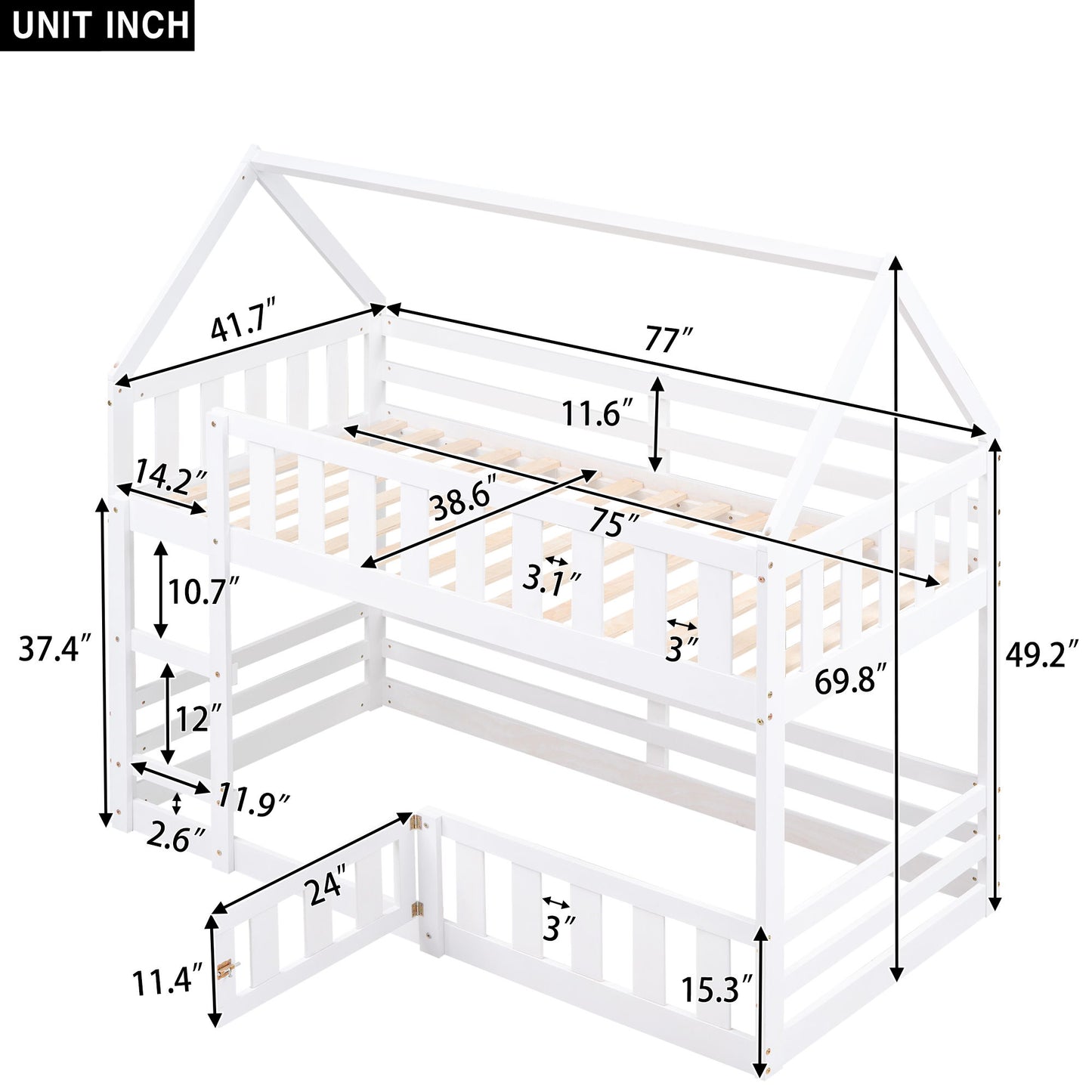 Twin Over Twin House Bunk Bed With Fence And Door