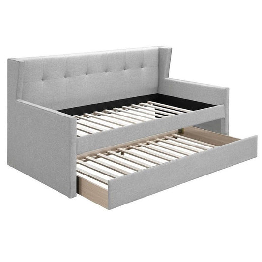 Daybed With Slat Trundle, Button Tufted - Light Gray