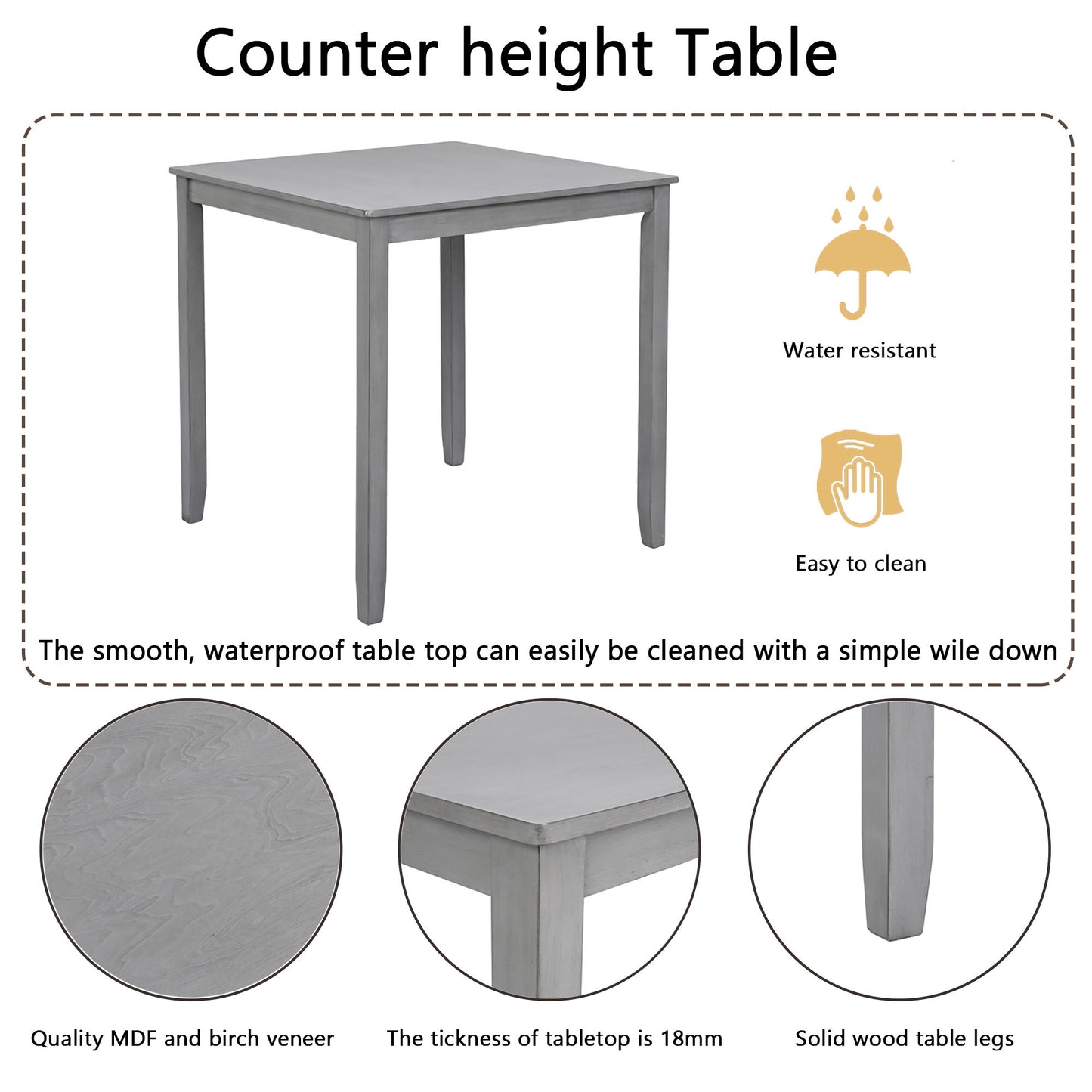 5 Piece Dining Table Set, Wooden Dining Square Table Set For 4, Counter Height Kitchen Table Set With Square Table And 4 Upholstered Chairs - Gray