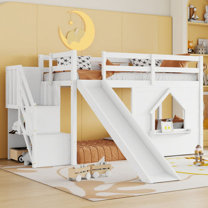 Loft Bed With Storage Stairs, Slide, Playhouse Window And 7 Colors LED Lights
