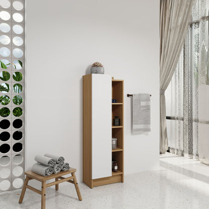 Tall Freestanding Bathroom Side Cabinet With Single Door & 4 Tier Open Shelves - Black / Light Oak / White