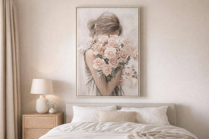 Roses Embrace Hand-Embellished Canvas In Frame - Blush / Ivory